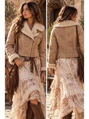 Synergy Women's Genuine Suede Leather Faux Shearling Moto Jacket Tan Size M